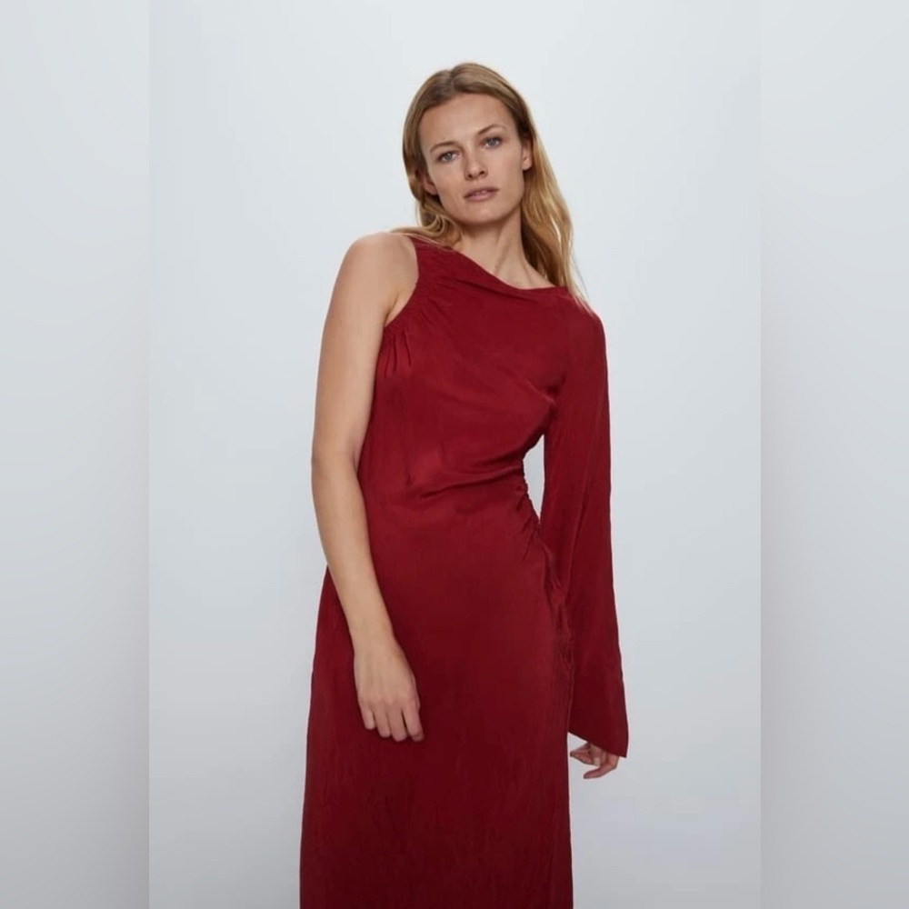 Maroon Red One Sleeve Shoulder Asymmetrical Midi Satin Formal Fancy Dress Sz L - Picture 4 of 16